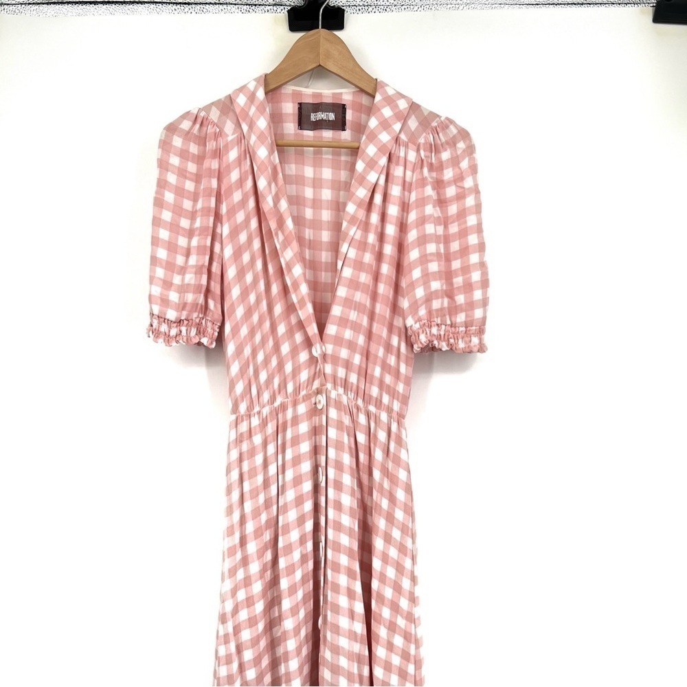 Reformation pink checker deep v neck plunge midi dress SIZE SMALL - Picture 5 of 7